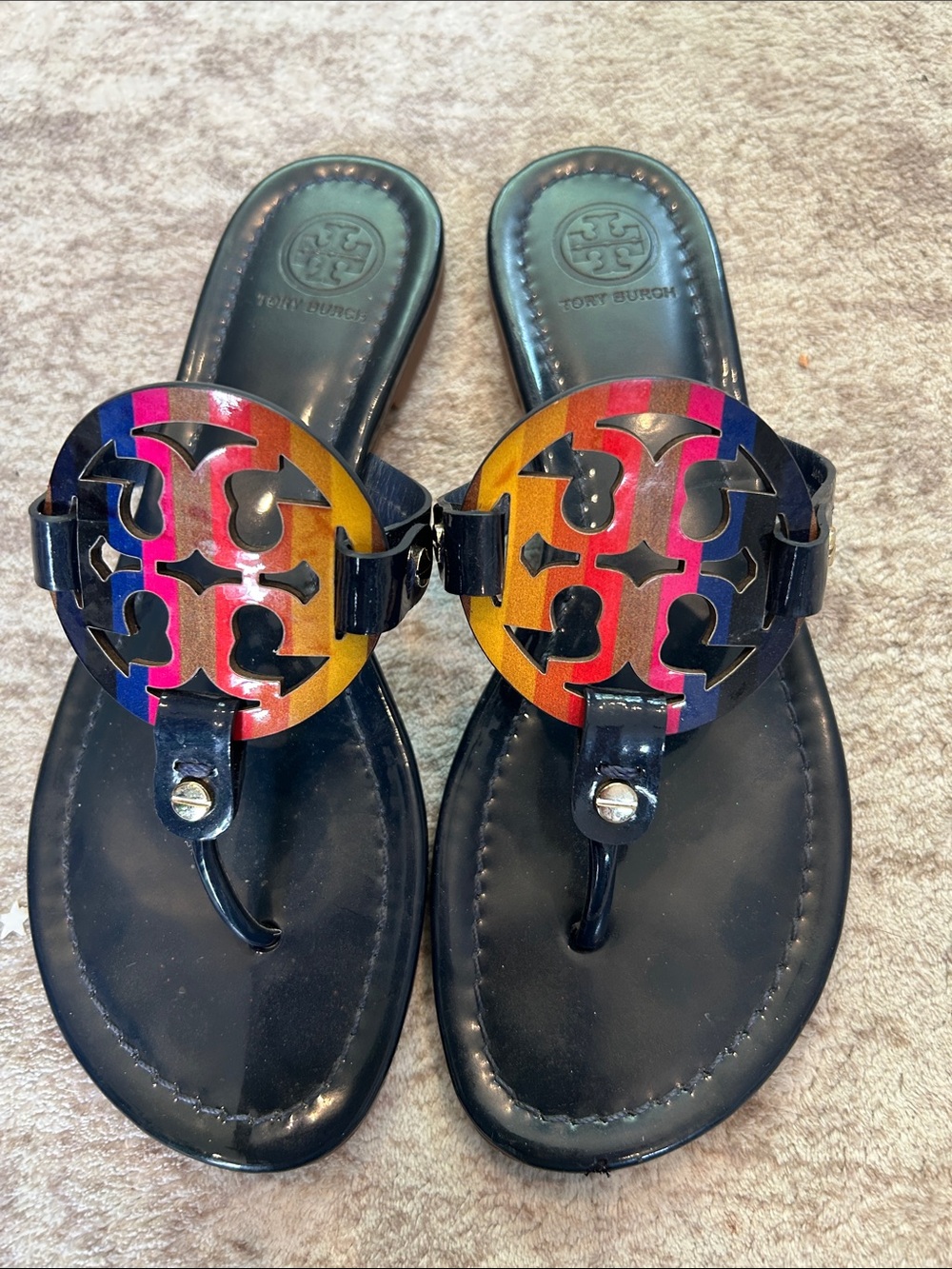 Tory Burch Black Sandals with Rainbow Logo Medallions 6